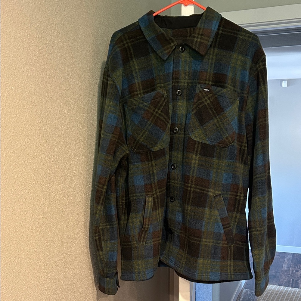 RVCA Men's Plaid Shirt Jacket - Blue and Green